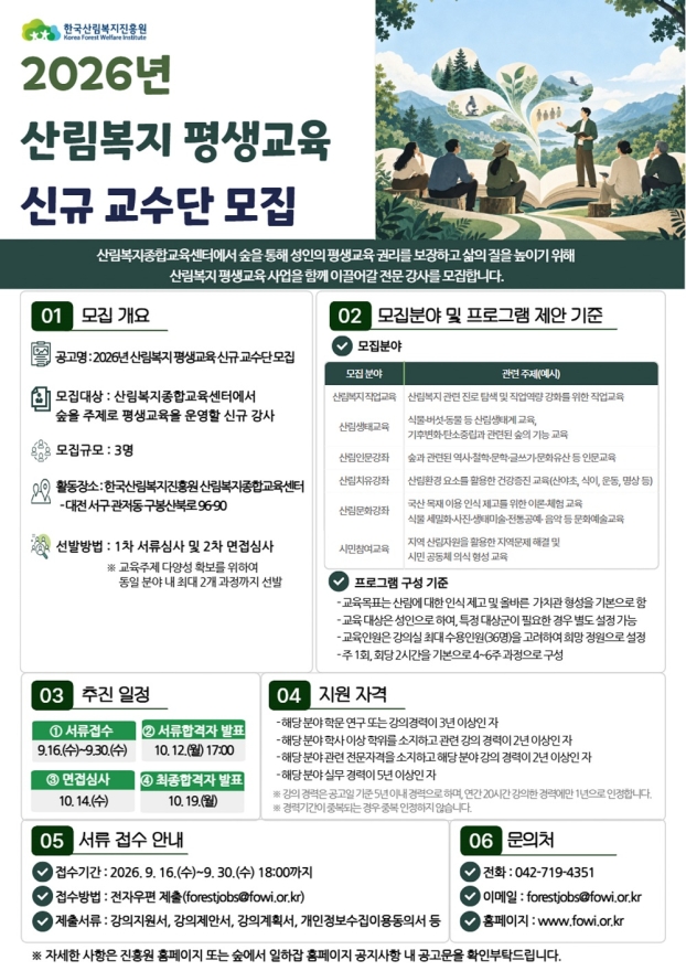 한국산림복지진흥원, 산림복지 평생교육 교수단 3명 모집