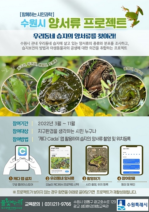 수원시, 11월까지 ‘캐다(CADA)’앱 활용한 수원시 양서류 프로젝트
